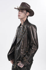 Brown Lapel Collar Long Sleeves Asymmetric Studded Zippered Pleated Eyelet Men's Punk Jacket - Product - 5