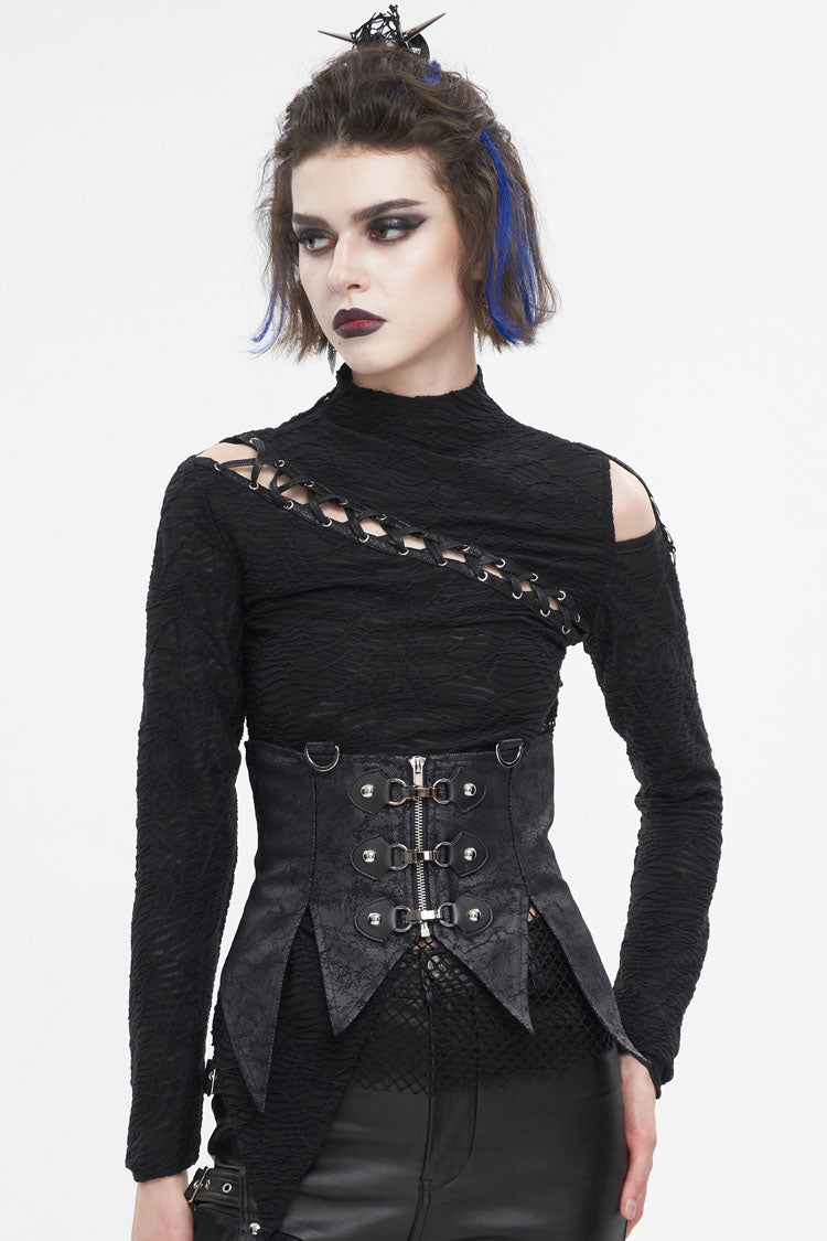 Black Irregular Lace Up Women's Gothic Vest With Detachable Collar - Product - 3