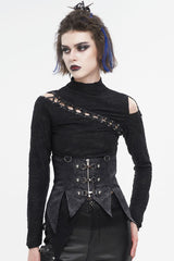 Black Irregular Lace Up Women's Gothic Vest With Detachable Collar - Product - 3