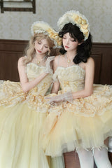 Yellow [Sissi's Pilgrimage] Off Shoulder Ruffle Bowknot Lace Sweet Lolita Skirt (Short Version) - Product - 13