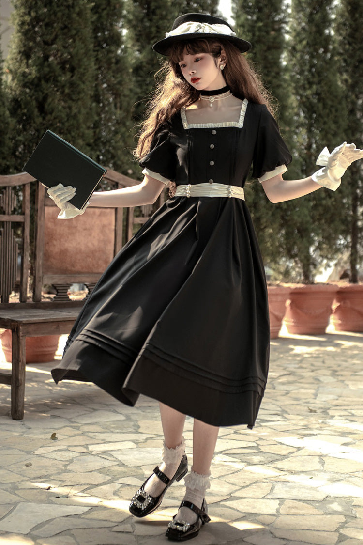 Black [Random Thoughts] Square Collar Short Sleeves Ruffle Classic Vintage Elegant Lolita Dress - Black - 1