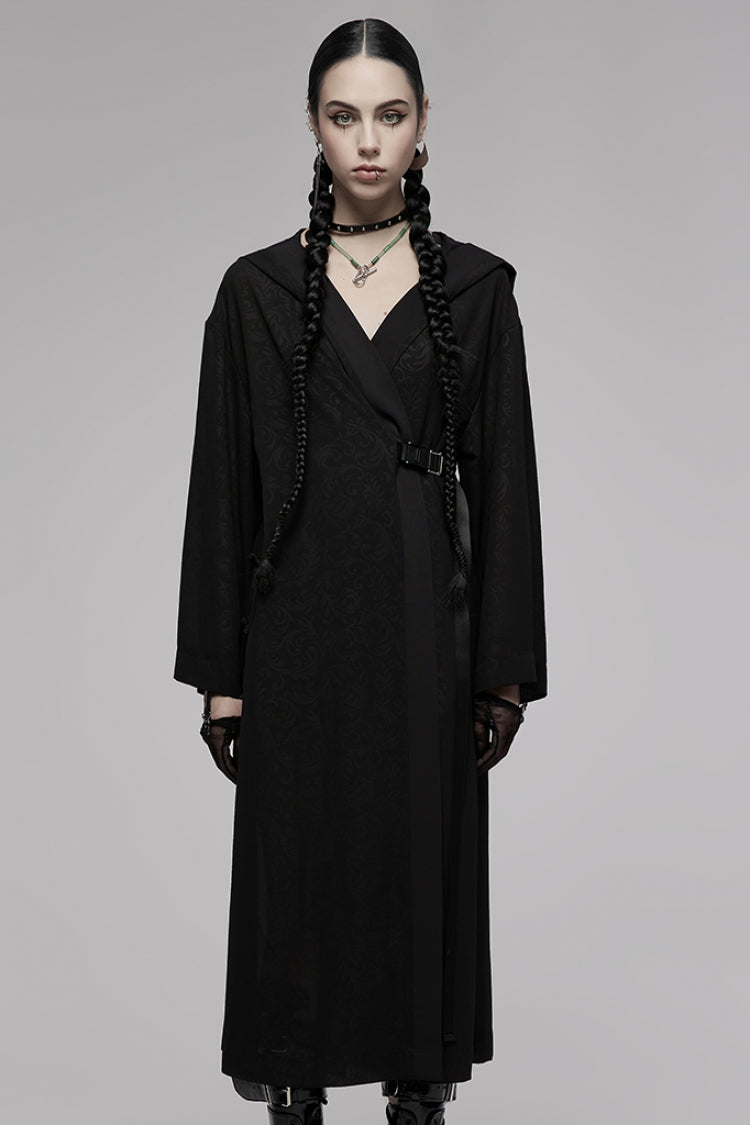 Black Dark Pattern Print Hooded Women's Gothic Coat - Product - 2