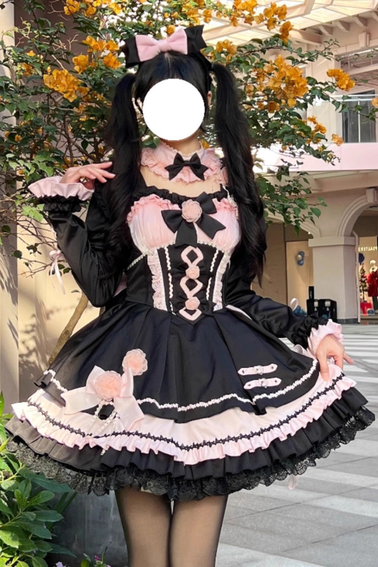 Shadow Rose Sleeveless Multi-layer Ruffle Bowknot Stitching Gothic Lolita Jsk Dress 5 Colors - Black/Pink - 2