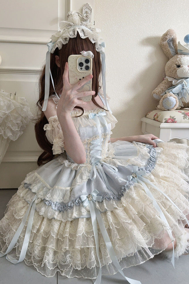 Blue [Ribbon Heart Love] Sleeveless Multi-Layered Ruffle Bowknot Lace Lace-Up Sweet Princess Ballet Lolita Jsk Dress - Product - 5