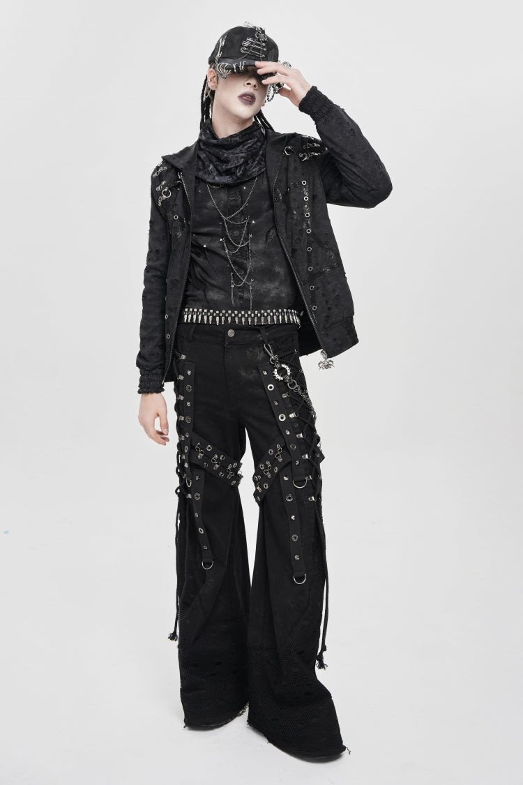 Black Long Sleeves Hexagram Print Hooded Ripped Pleated Men's Punk Coat - Product - 6