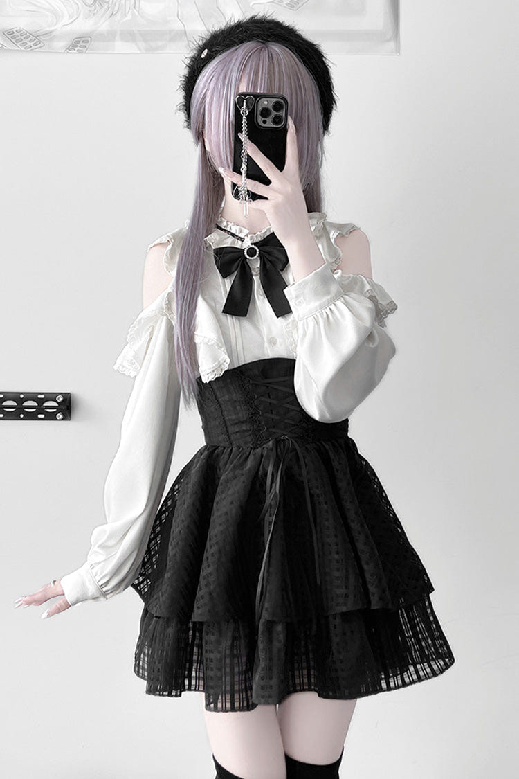 Black [Blackberry Rite] Lace Bowknot Lace-Up Jirai Kei Skirt - Product - 3