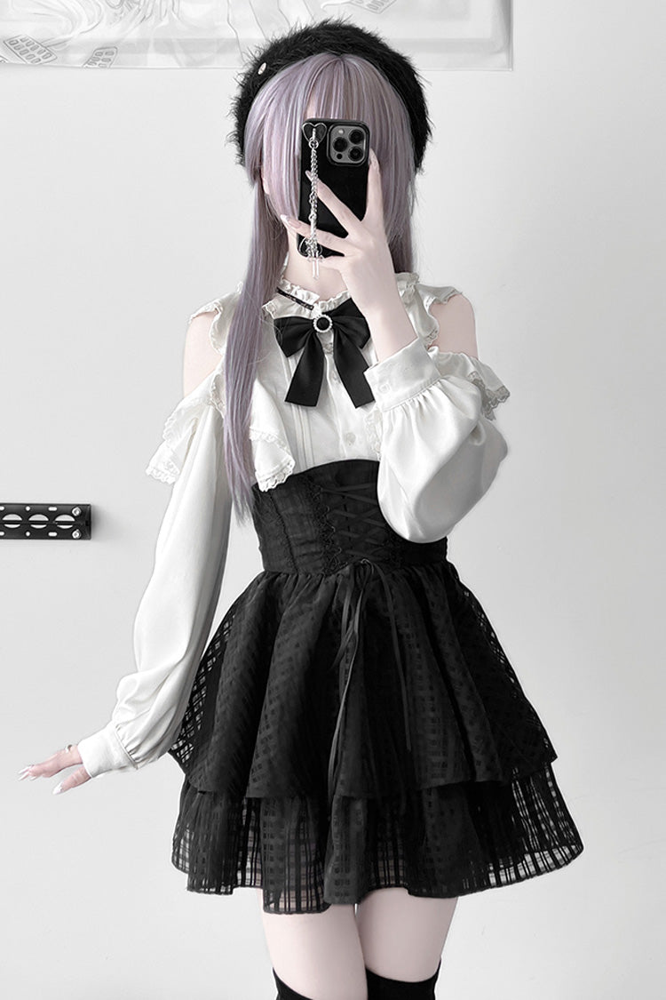 Black [Blackberry Rite] Lace Bowknot Lace-Up Jirai Kei Skirt - Product - 3