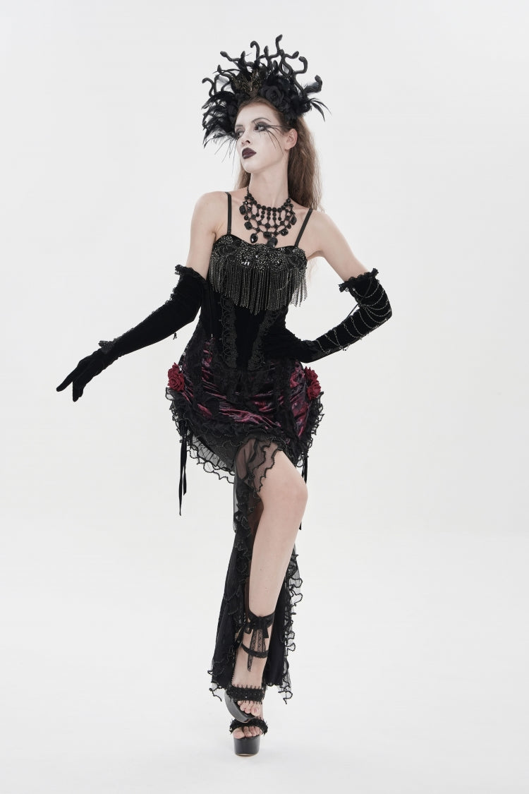 Black Lace-Up Women's Gothic Embroidered Tassels  Overbust Corset - Product - 5