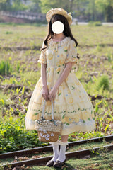 Yellow [Lemon Chicken] Short Sleeves Print Ruffle Bowknot Lace Daily Sweet Lolita Dress - Yellow - 1