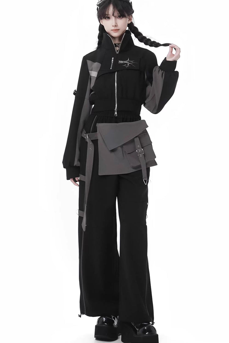 Black [Holographic Cruise] Techwear Long Sleeves Spliced Zippered Gothic Jirai Kei Pants and Short Coat Set - Product - 5