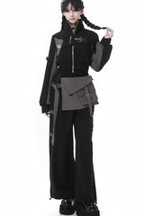 Black [Holographic Cruise] Techwear Long Sleeves Spliced Zippered Gothic Jirai Kei Pants and Short Coat Set - Product - 5