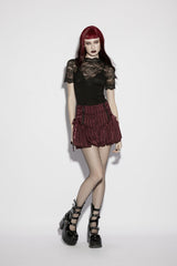 Black Stand Collar Short Sleeves Cut-Out Lace Slim Sheer Faux Two-Piece Women's Gothic Top - Product - 2
