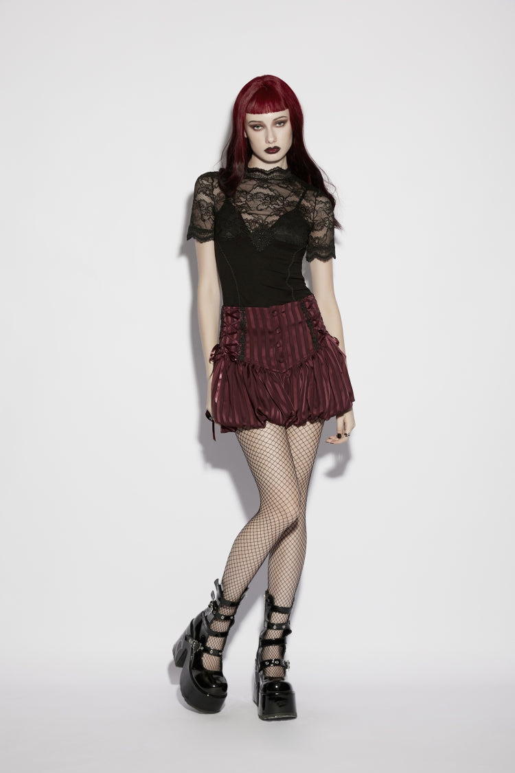 Black Stand Collar Short Sleeves Cut-Out Lace Slim Sheer Faux Two-Piece Women's Gothic Top - Product - 2