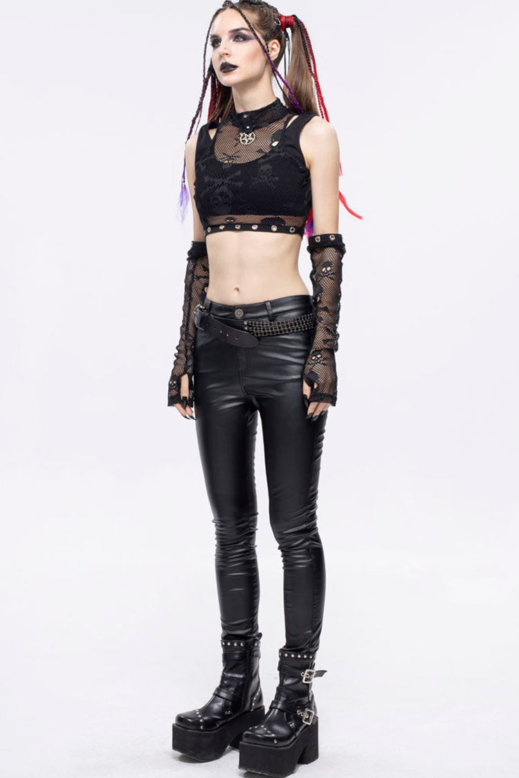 Black Gothic Cotton Knitted Fabric Fake Two-Piece Small Stand Up Collar Patchwork Skull Mesh Super Short Women's Vest - Product - 9