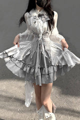 White/Silver [The Silver Key] Long Sleeves Ruffled Embroidered Open-Front Bow Gothic Lolita Skirt Set - Product - 2