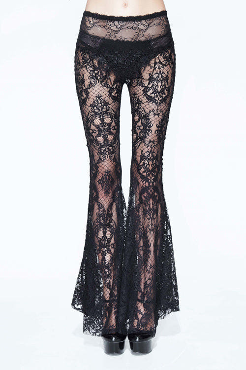 Black Sexy Transparent Lace Bellbottoms With Bead Chain Womens Pants - Black - 1