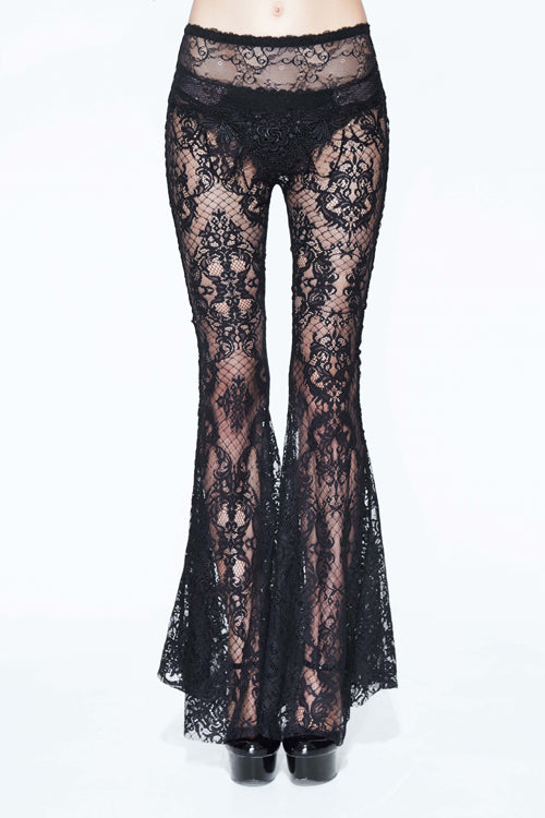 Black Sexy Transparent Lace Bellbottoms With Bead Chain Womens Pants - Black - 1