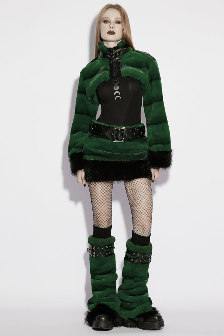Green Stand Collar Long Sleeves Buckle Straps Faux Fur Women's Punk Short Cloak - Product - 4