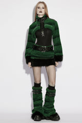 Green Stand Collar Long Sleeves Buckle Straps Faux Fur Women's Punk Short Cloak - Product - 4