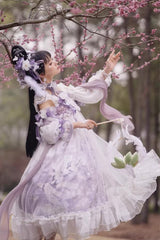 White/Purple Square Collar High Waisted Printed Ruffled Lace Pearl-Decorated Sweet Chinese Style Lolita Jsk Dress - Product - 2