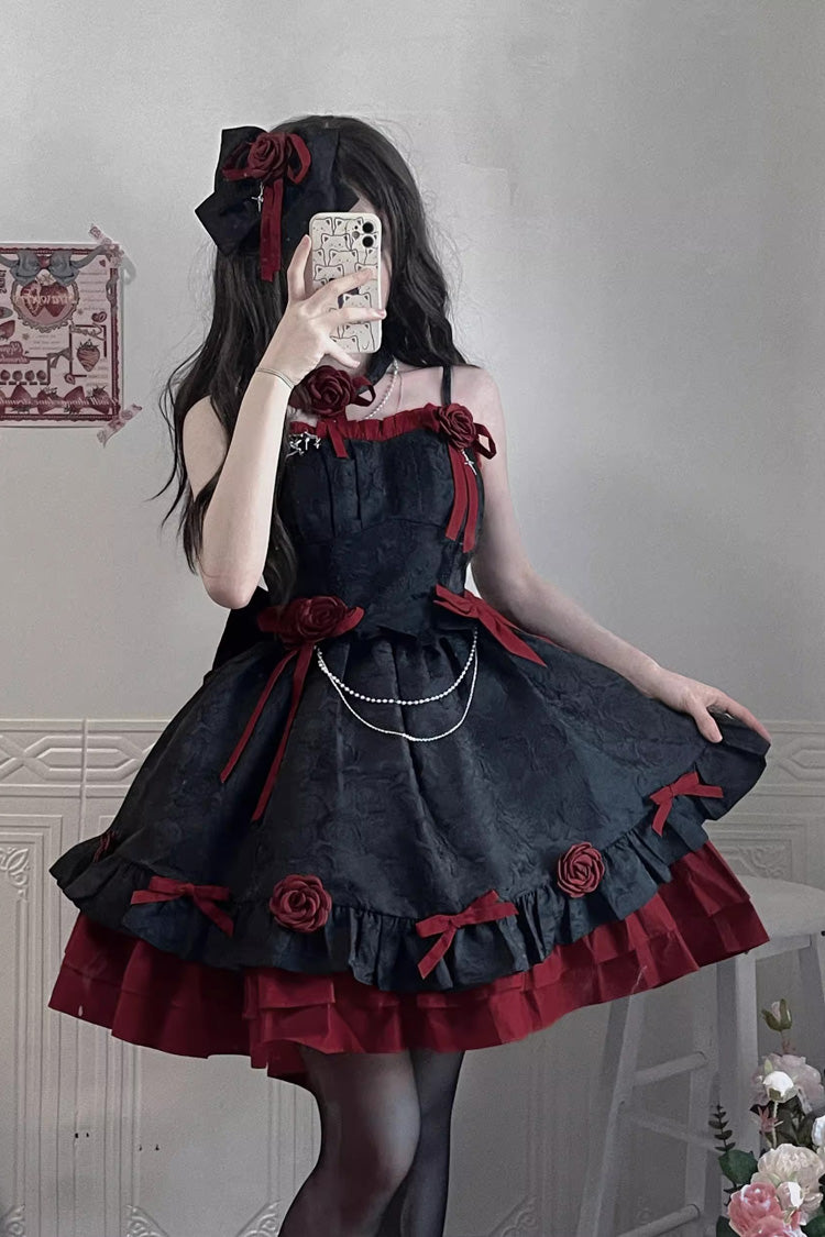 Red/Black Print Ruffle Bowknot Gothic Princess Lolita Jsk Dress - Red/Black - 1