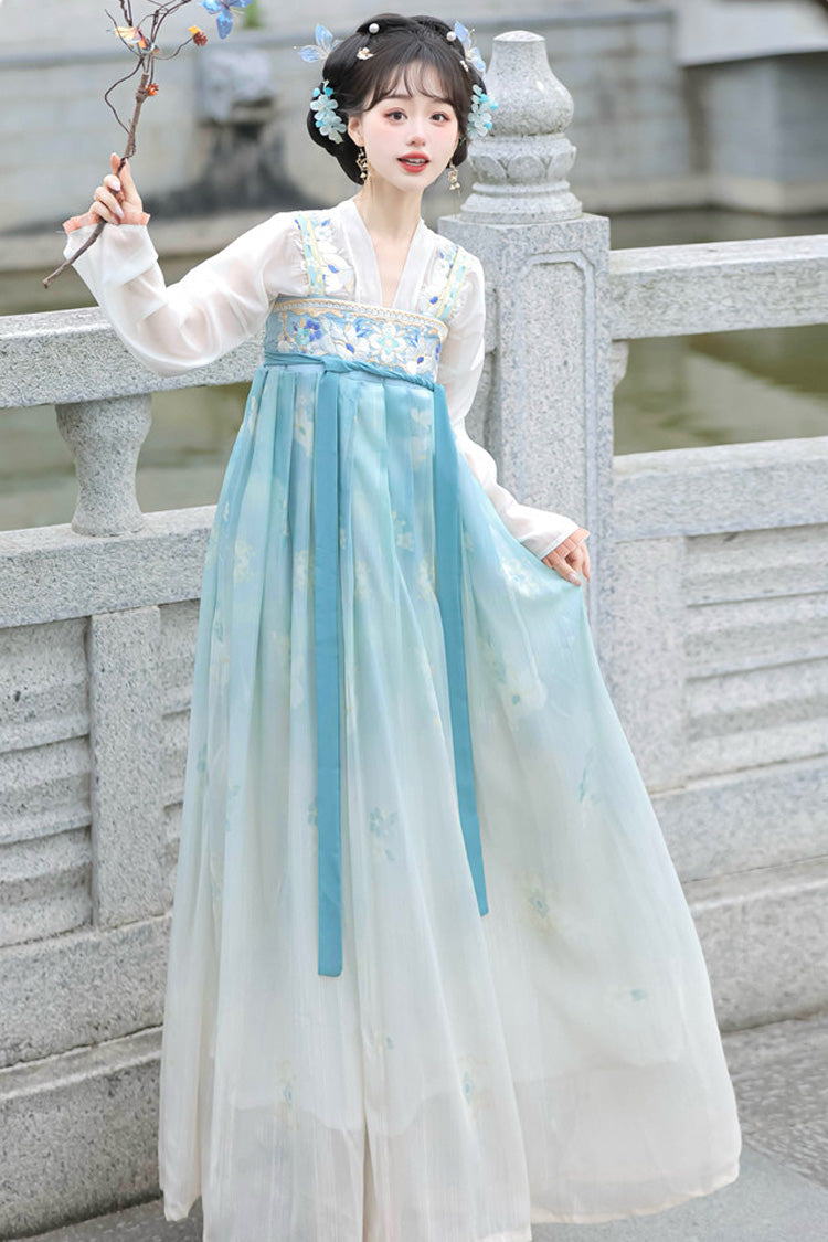 Blue Long Sleeves Tang-Style Qixiong Ruqun Printed Lace Sweet Hanfu Dress Set - Product - 3