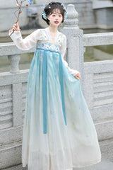 Blue Long Sleeves Tang-Style Qixiong Ruqun Printed Lace Sweet Hanfu Dress Set - Product - 3