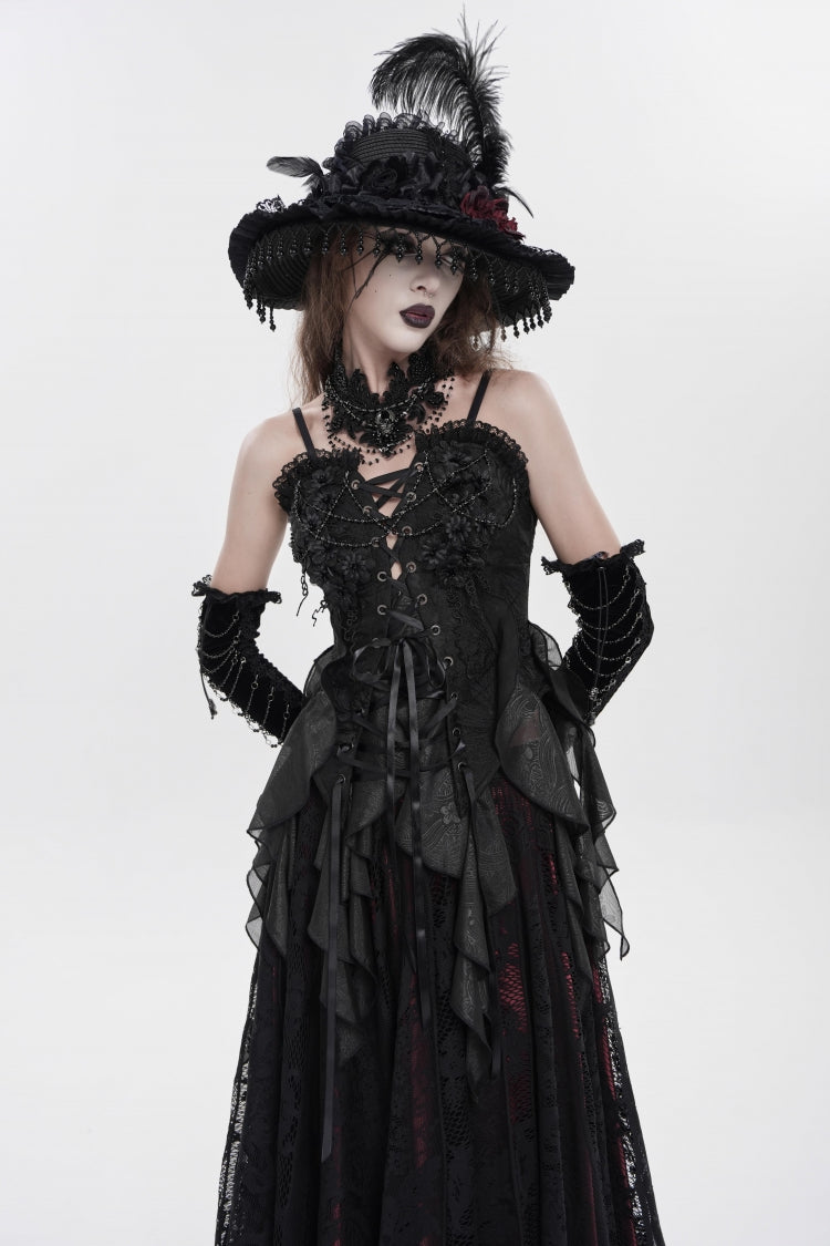Black Ruffled Lace Lace-Up Slim Women's Gothic Overbust Corset - Product - 9