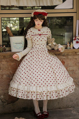 Apricot [Lollipop] Cotton Round Collar Long Lantern Sleeves Polka Dot Printed Ruffled Bow Lace Sweet Elegant Lolita Dress 2 Versions - Product - 23