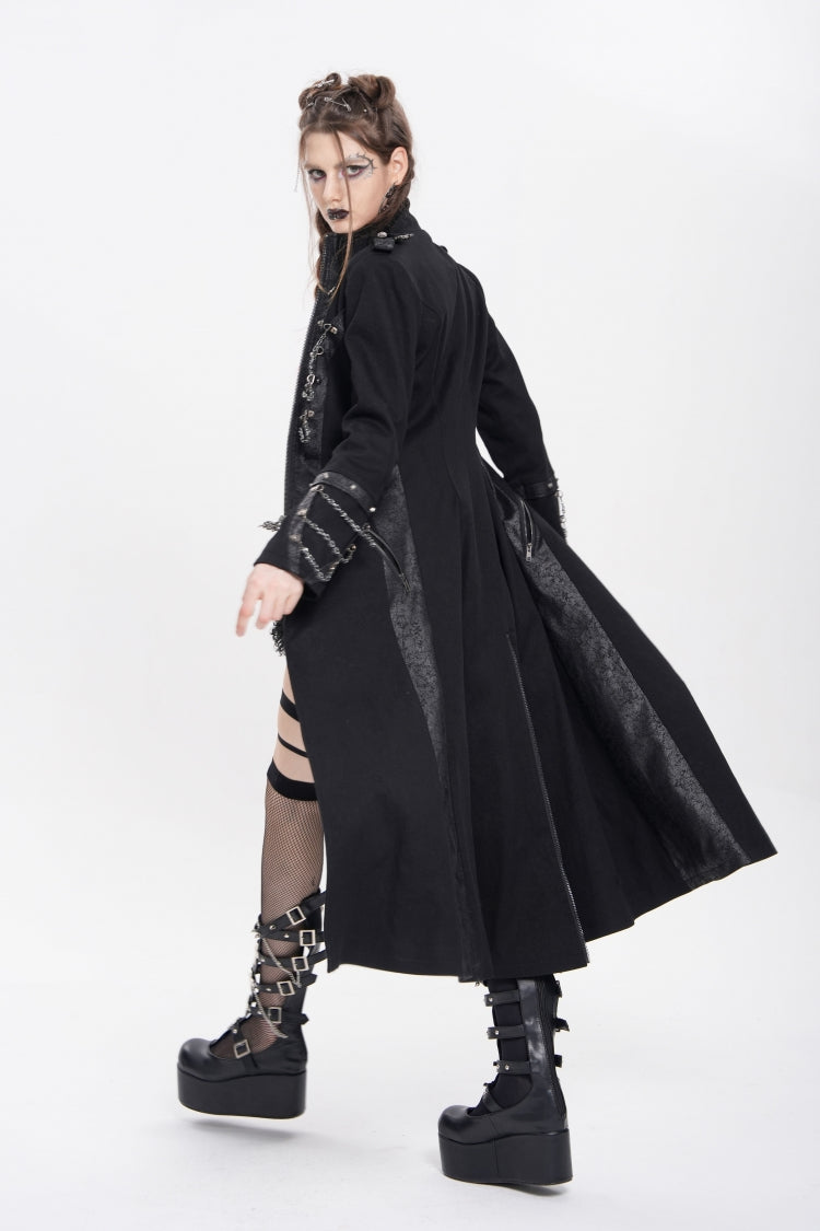 Black Stand Collar Long Sleeves Buckle Chain Women's Punk Jacket - Product - 11