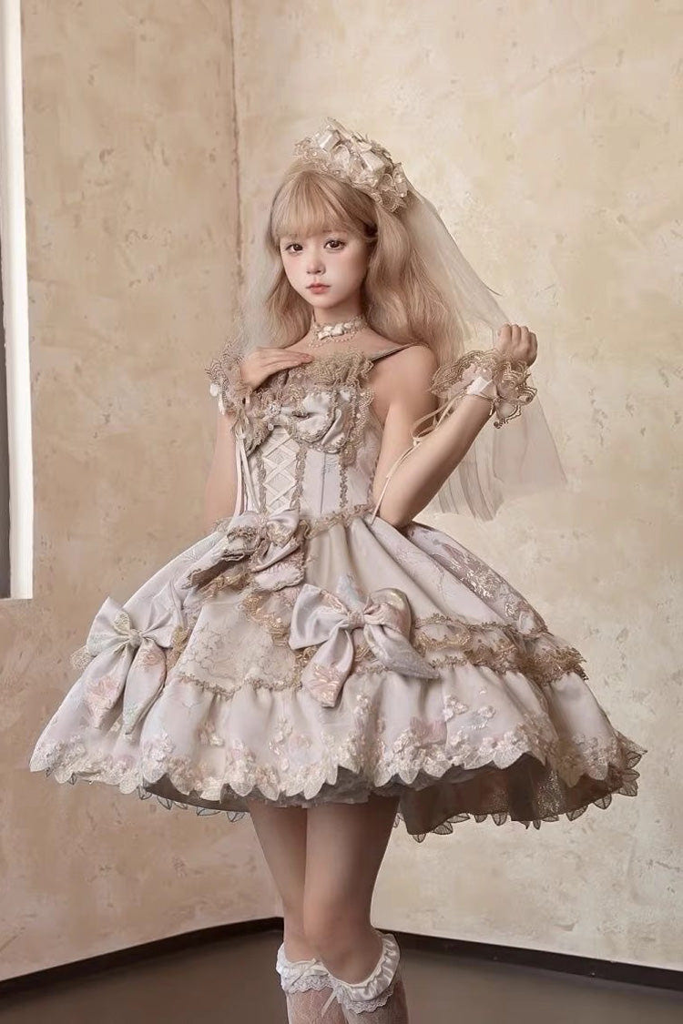 Sweet Sleeveless Ruffled Foil-Stamped Embroidered Open-Front Bow Lace Gorgeous Lolita Jsk Dress 4 Colors - Beige - 5