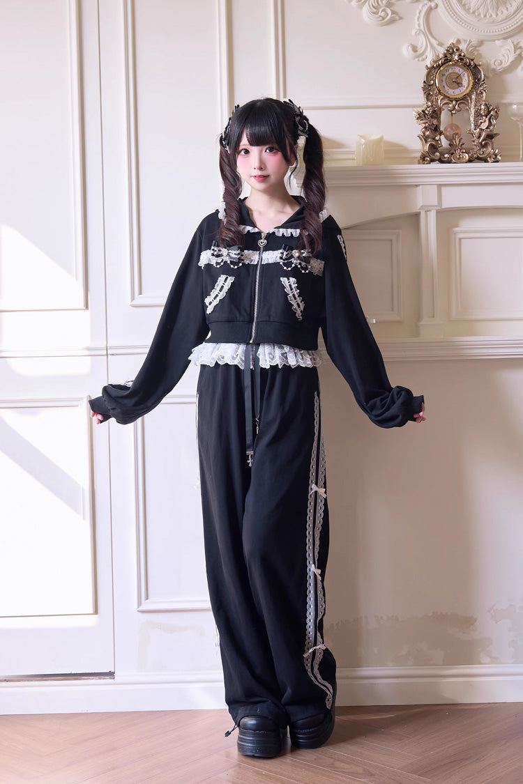 Sweet Long Sleeves Bowknot Lace Hooded Jirai Kei Hoodie Pants Set 3 Colors - Product - 8