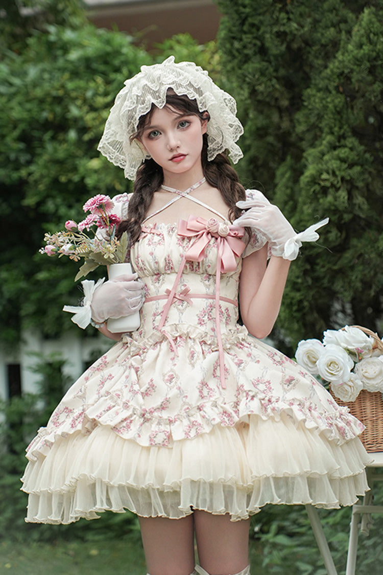 Ivory [Rose After The Rain] Short Sleeves Triple-Layered Print Ruffle Bowknot Lace-Up Sweet Lolita Short Dress - Ivory - 1