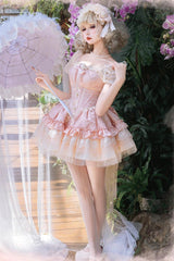 Pink [Fleeting Light and Shallow Dream] Sleeveless Multi-Layered Ruffle Bowknot Lace Slim Sweet Ballet Lolita Jsk Dress - Product - 3