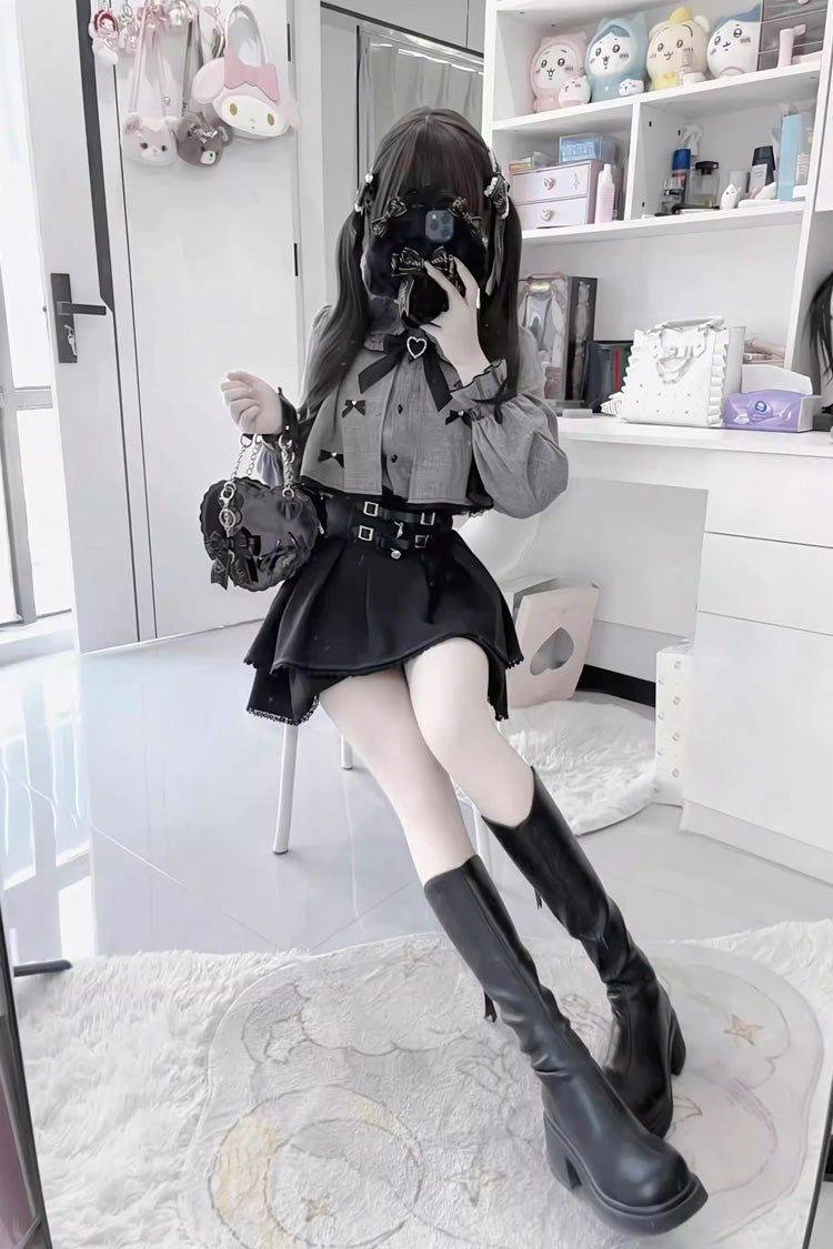 Black/Grey Long Sleeves Ruffled Belt Buckle Japanese Jirai Kei Set - Product - 2