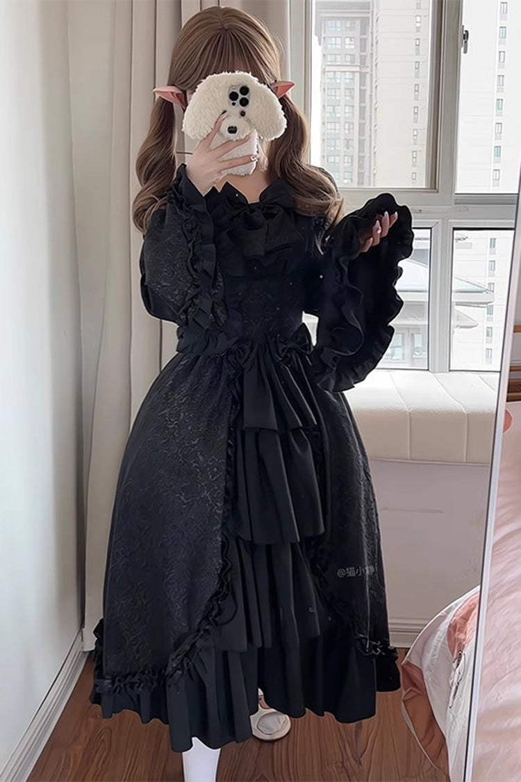 Black Long Hime Sleeves Multi-Layered Ruffle Cardigan Bowknot Gothic Plus Size Lolita Dress - Product - 4
