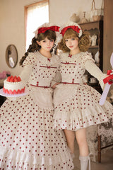 Apricot [Lollipop] Cotton Round Collar Long Lantern Sleeves Polka Dot Printed Ruffled Bow Lace Sweet Elegant Lolita Dress 2 Versions - Product - 7