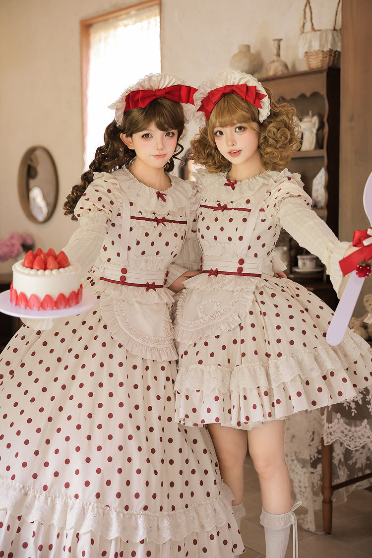 Apricot [Lollipop] Cotton Round Collar Long Lantern Sleeves Polka Dot Printed Ruffled Bow Lace Sweet Elegant Lolita Dress 2 Versions - Product - 7