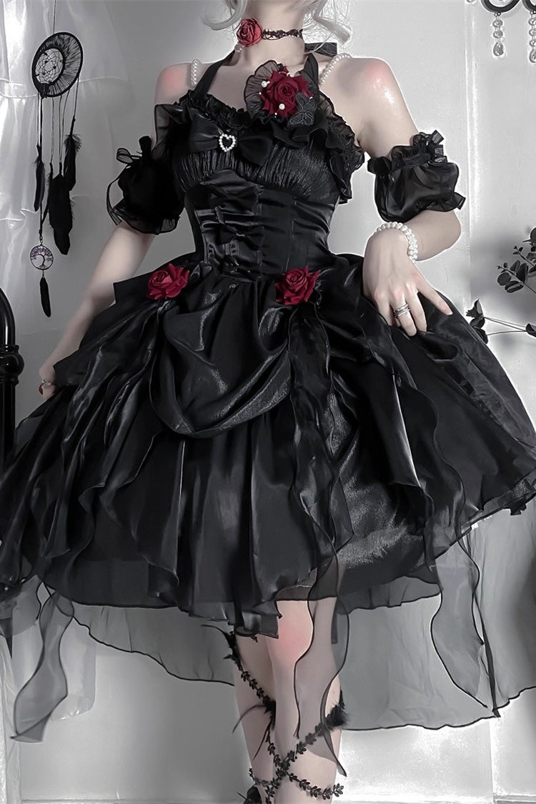 Black [Cindy Rose] Halterneck Sleeveless Ruffle Bowknot Gothic Elegant Lolita Jsk Dress - Product - 2