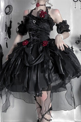 Black [Cindy Rose] Halterneck Sleeveless Ruffle Bowknot Gothic Elegant Lolita Jsk Dress - Product - 2