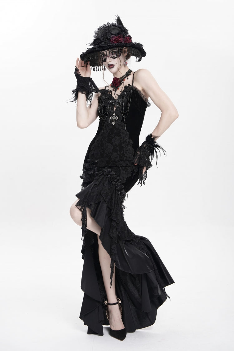 Black Sleeveless Cross Ruffled Floral Embroidered Chain-Decorated Women's Gothic Long Slip Dress - Product - 6