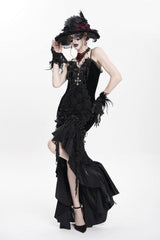 Black Sleeveless Cross Ruffled Floral Embroidered Chain-Decorated Women's Gothic Long Slip Dress - Product - 6