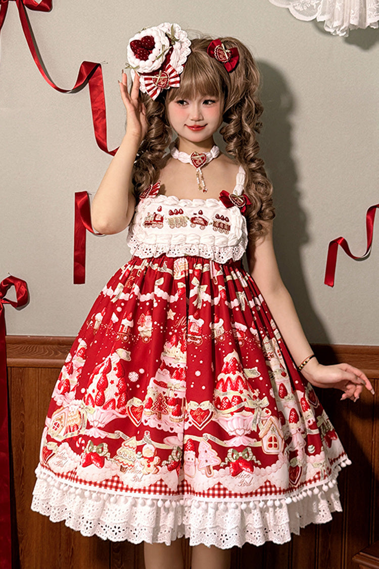 Mint Strawberry Dessert Print High Waisted Ruffle Bowknot Sweet Lolita JSK Dress 4 Colors - Product - 5