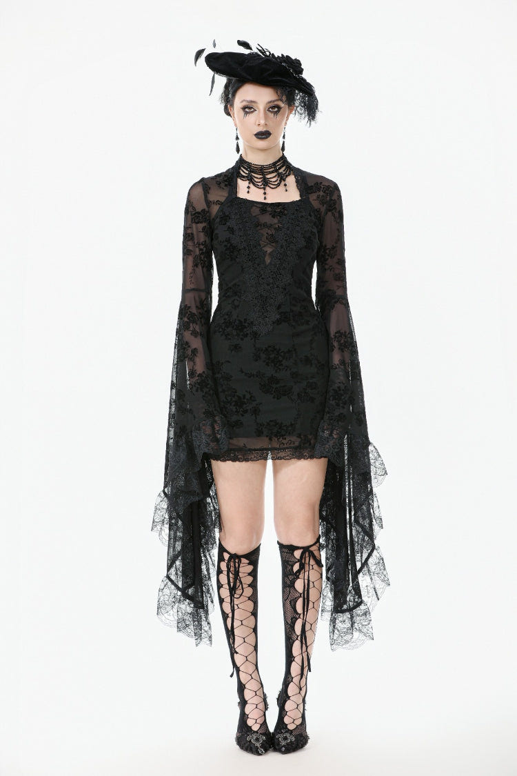 Black Square Collar Long Trumpet Sleeves Mesh Embroidered Lace Lace-Up Women's Gothic Dress - Product - 6