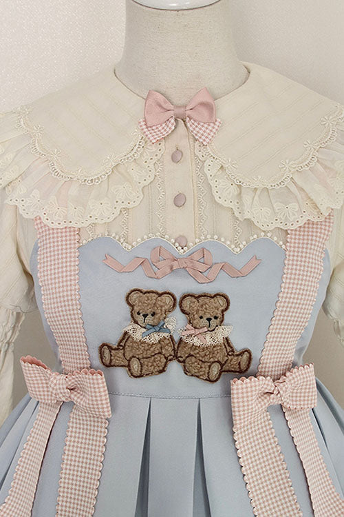 Blue Sheep & Bear Print Alice Girl Bowknot Ruffled Sweet Lolita JSK Dress - Product - 5