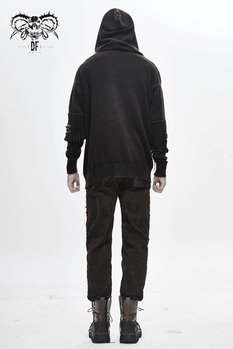Brown Worn-Out Long Sleeve Elbow Leather Strip Lace-Up Hooded Coarse Knit Men's Punk Sweater - Product - 4