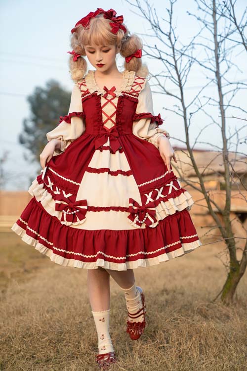 Square Neck Long Sleeve Ruffled Sweet Lolita OP Dress - Product - 2