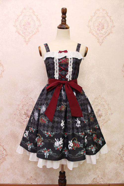 Strawberry Bunny Print Bowknot Ruffled Sweet Lolita JSK Dress 4 Colors - Black - 4