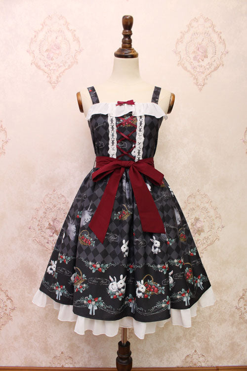 Strawberry Bunny Print Bowknot Ruffled Sweet Lolita JSK Dress 4 Colors - Black - 4