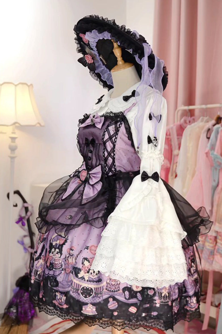 Purple [Devil Cat] Print Ruffle Bowknot Lace Gothic Lolita Jsk Dress (Plus Size Support) - Product - 11
